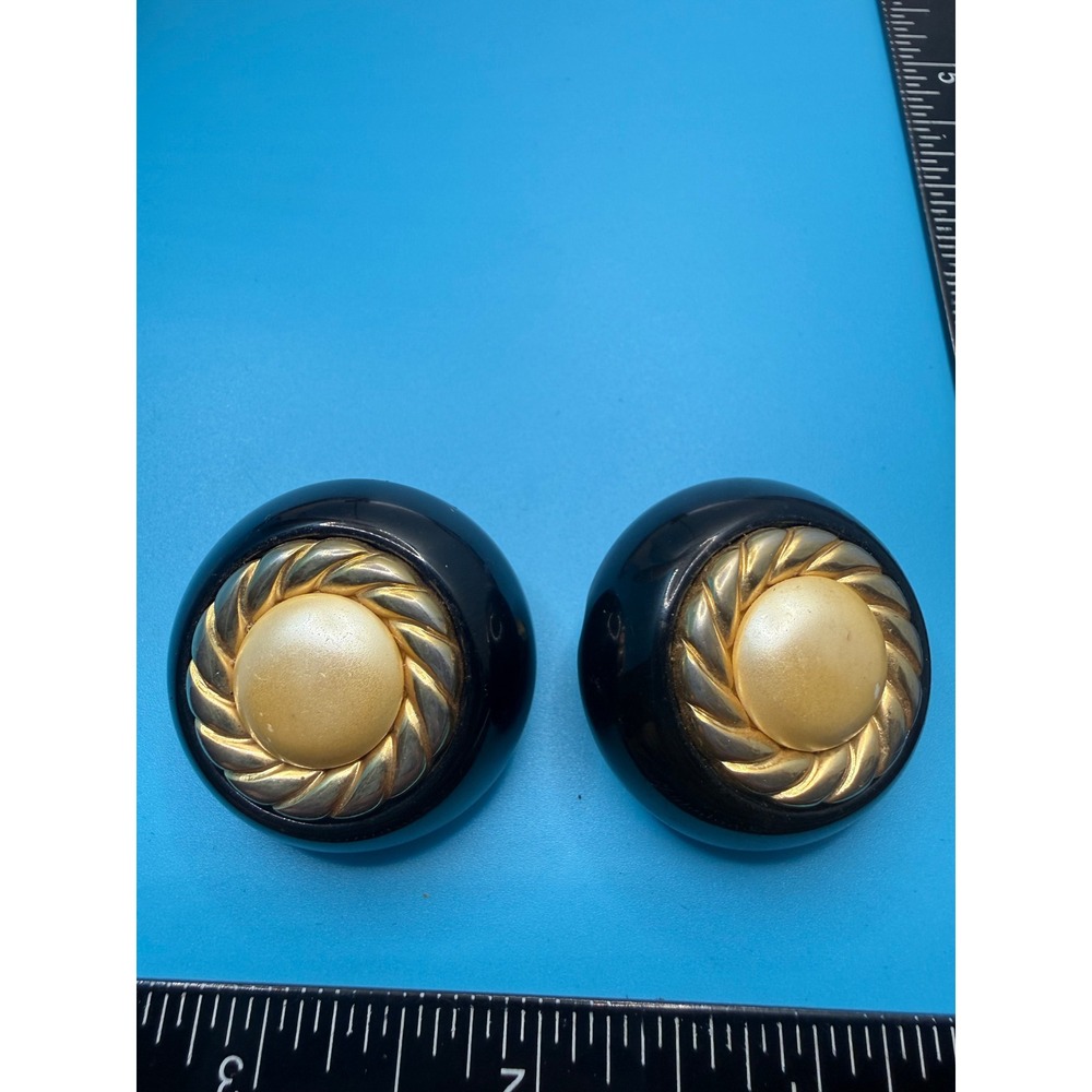 Vintage Made in Italy Black Gold Faux Pearl Clip On Earrings Oversized Round 80s